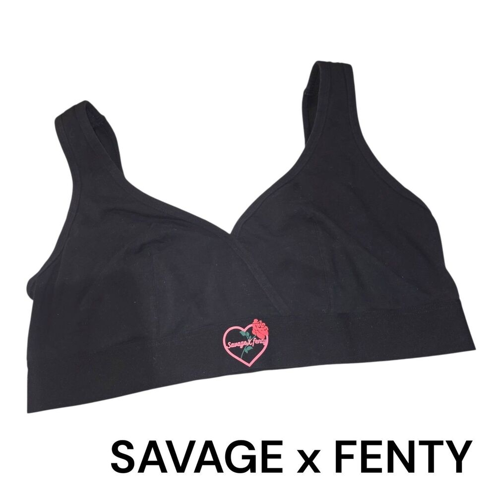 Savage x Fenty Sz 2X Red Rose Heart Logo Elastic Band Bralette Black Sleep Bra